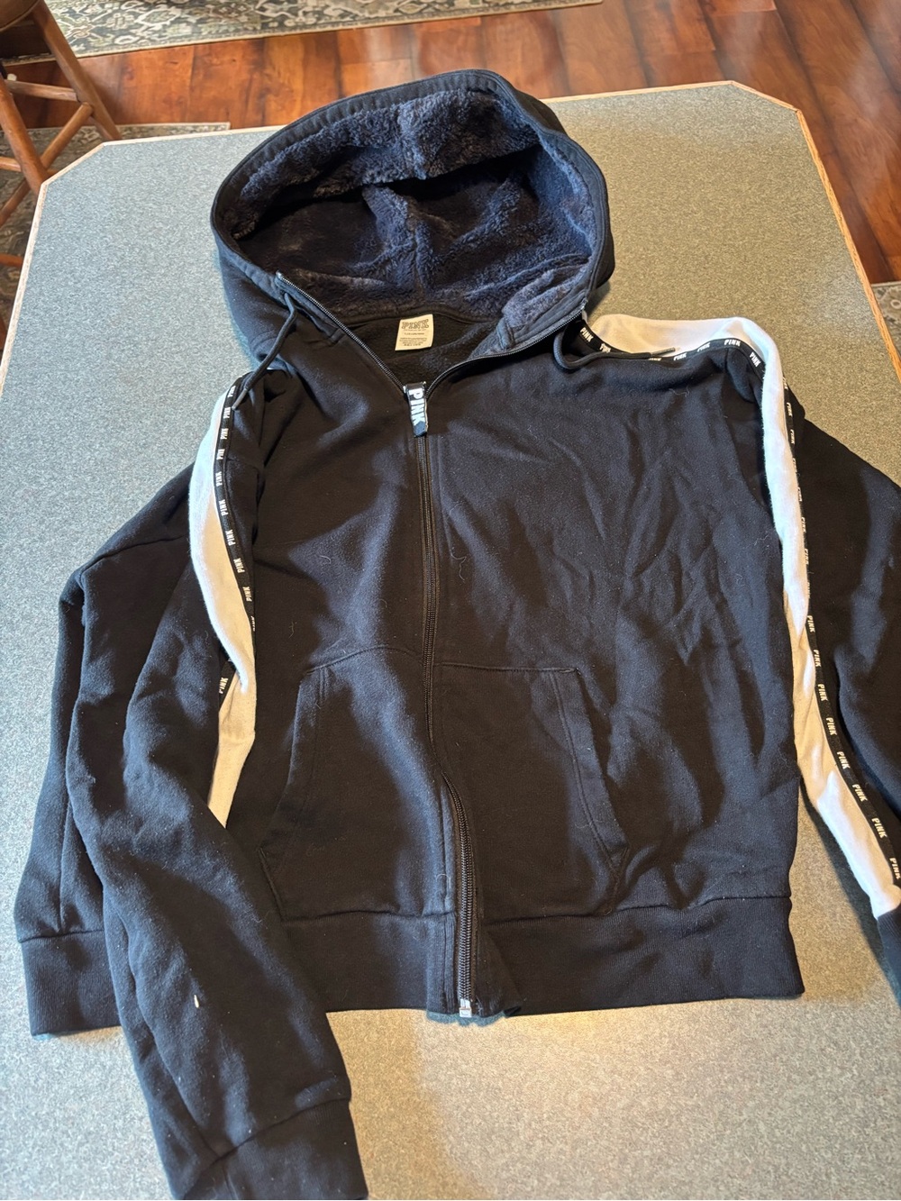 PINK Victoria's Secret Black Zip-Up Hooded Jacket with White Trim